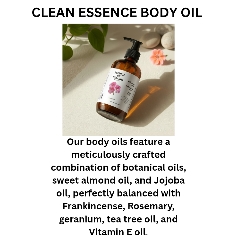 Body oil bottle with text about ingredients on a white background