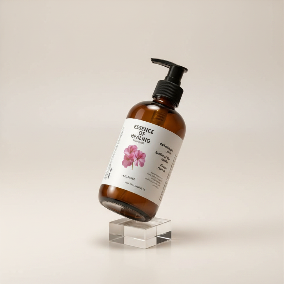 Brown bottle labeled 'Essence of Healing' on a clear stand with a beige background