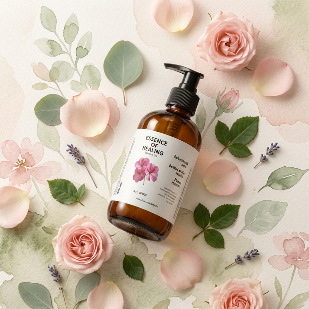 An amber glass pump bottle labeled 'ESSENCE OF HEALING' with a pink orchid illustration, styled in a flat lay with pink roses, leaves, and lavender on a light cream background.