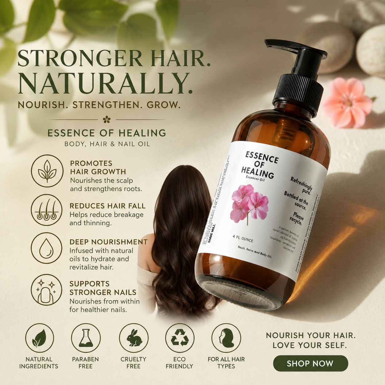Bottle of 'Essence of Healing' body, hair, and nail oil. Shiny hair and skin helps you heal from within. 