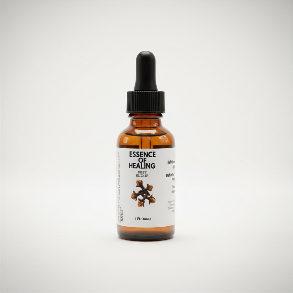 Bottle labeled 'Essence of Healing' on a white background