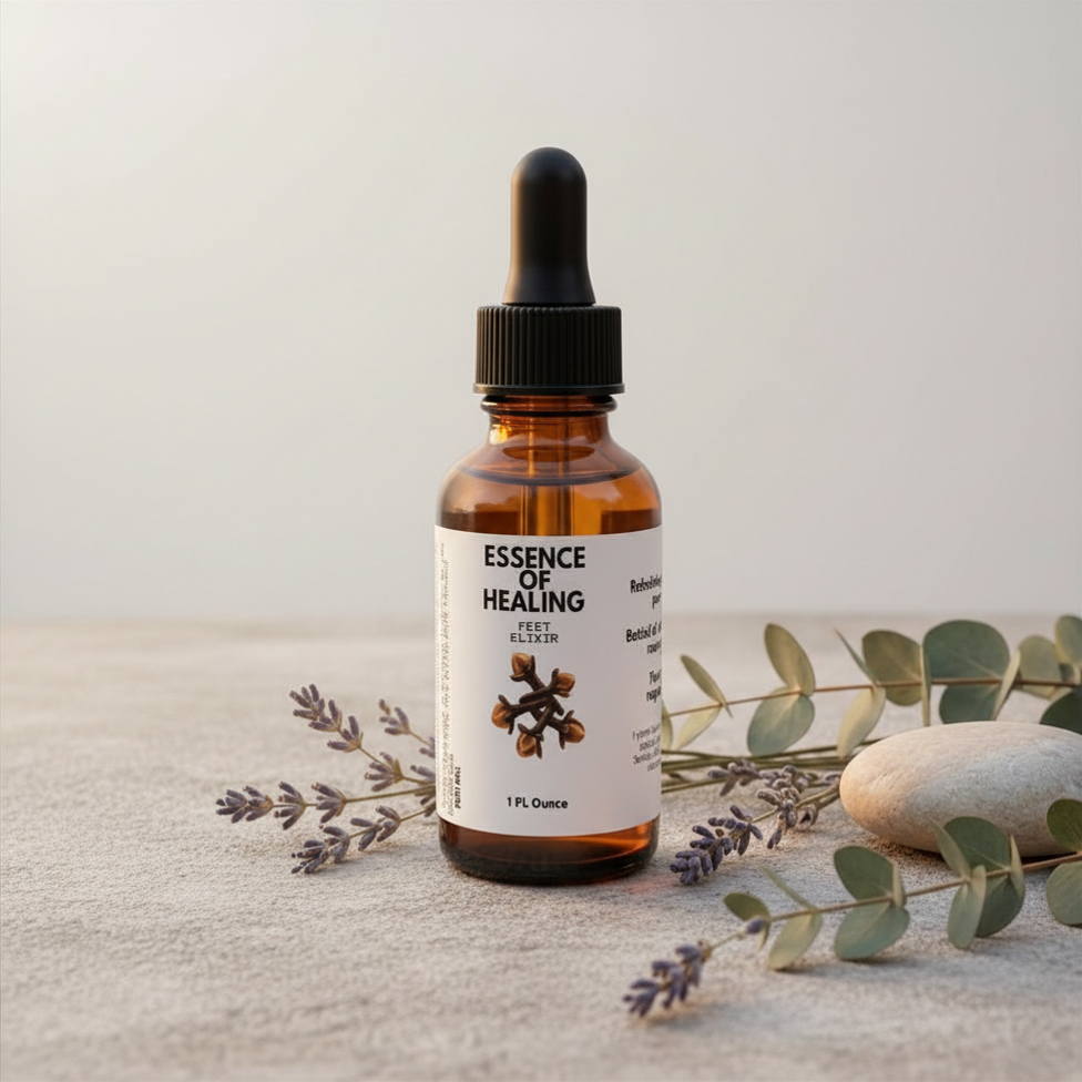Bottle of 'Essence Healing' with a dropper on a neutral background with plants.