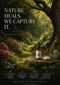 Bottle of natural remedy in a forest setting with text 'Nature Heals. We Capture It.' Feet Elixir.  Tired. Dry. Healing. 