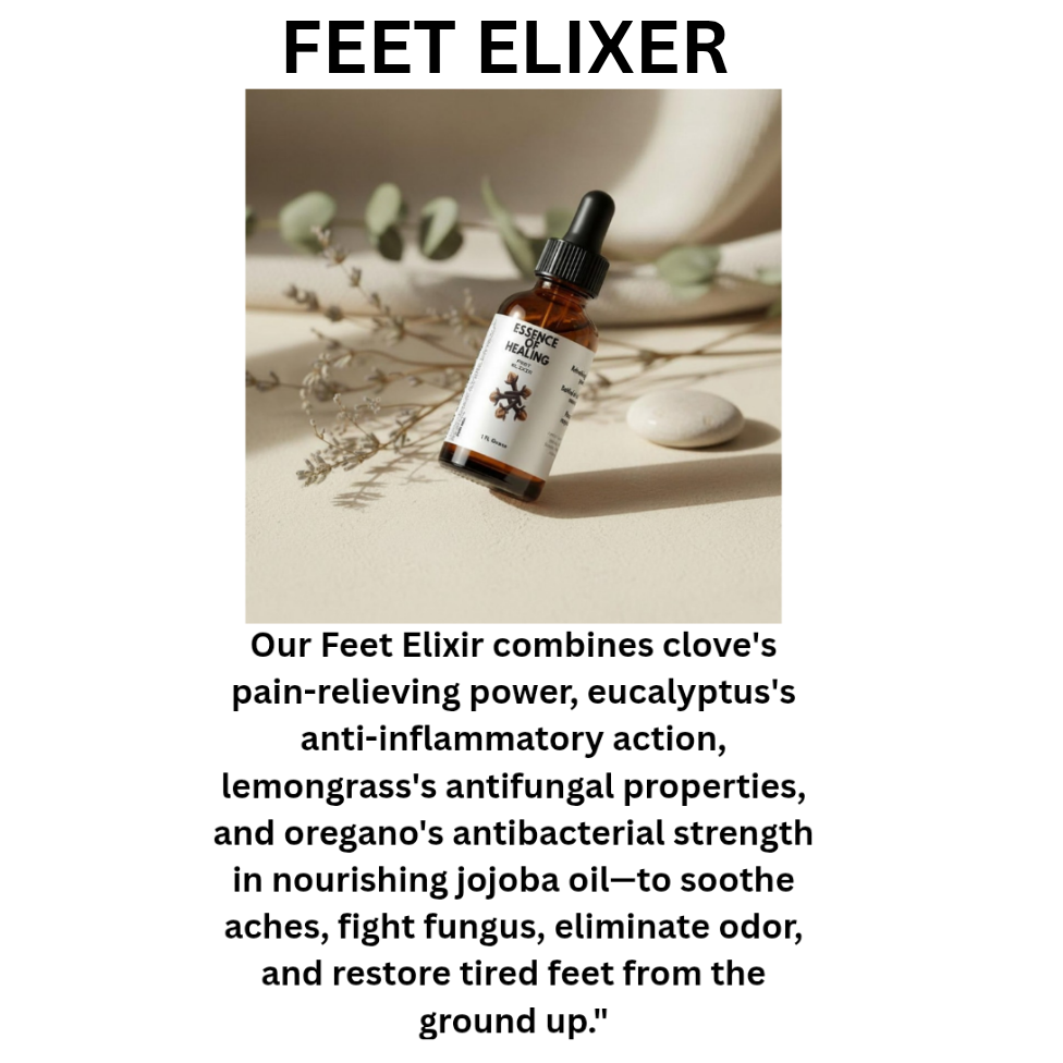Bottle of Feet Elixir with text describing its ingredients and benefits on a neutral background.