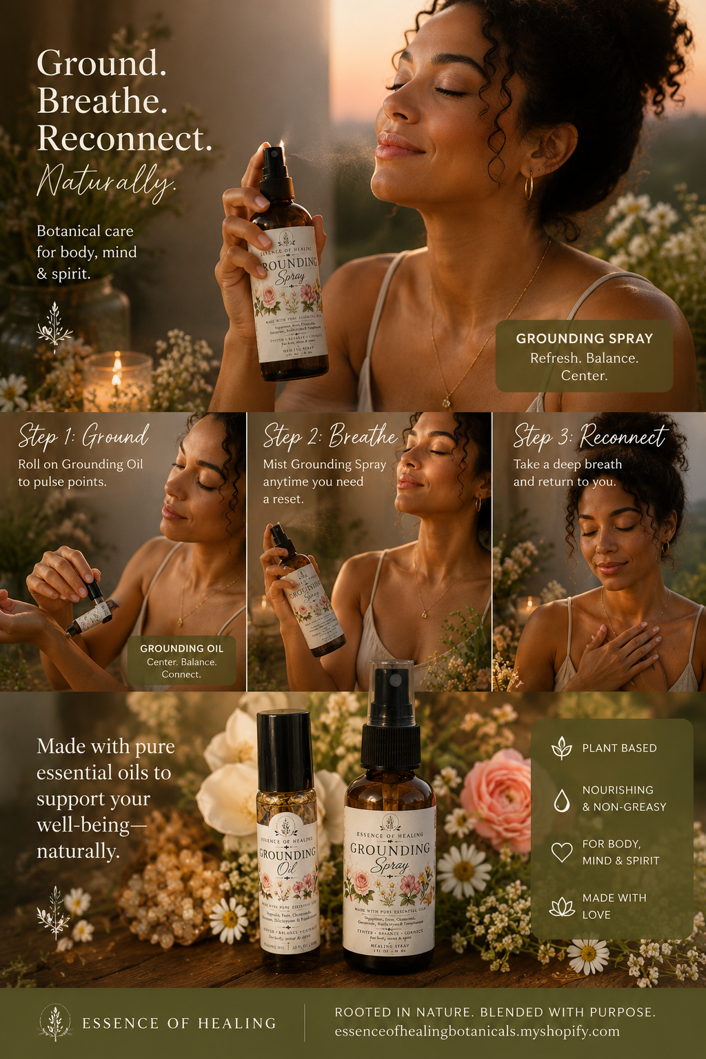 A promotional collage for Essence of Healing Grounding Spray, featuring a woman holding the bottle in a warm, floral setting, three step-by-step usage panels, and two bottles of the product at the bottom. The ad includes text such as 'Ground.