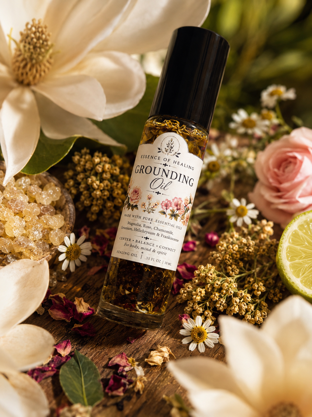 A bottle of Grounding Oil with dried botanicals inside, styled on a rustic wooden surface surrounded by white magnolia flowers, pink roses, dried flowers, a lime slice, and a bowl of rose petal bath salts.