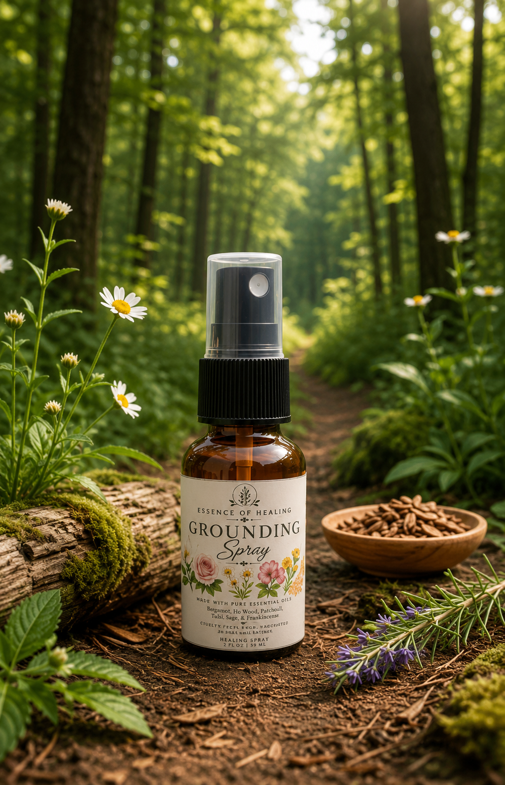 A bottle of Essence of Nature Grounding Spray stands on a forest path surrounded by green foliage, small white flowers, moss, and a bowl of dried herbs.