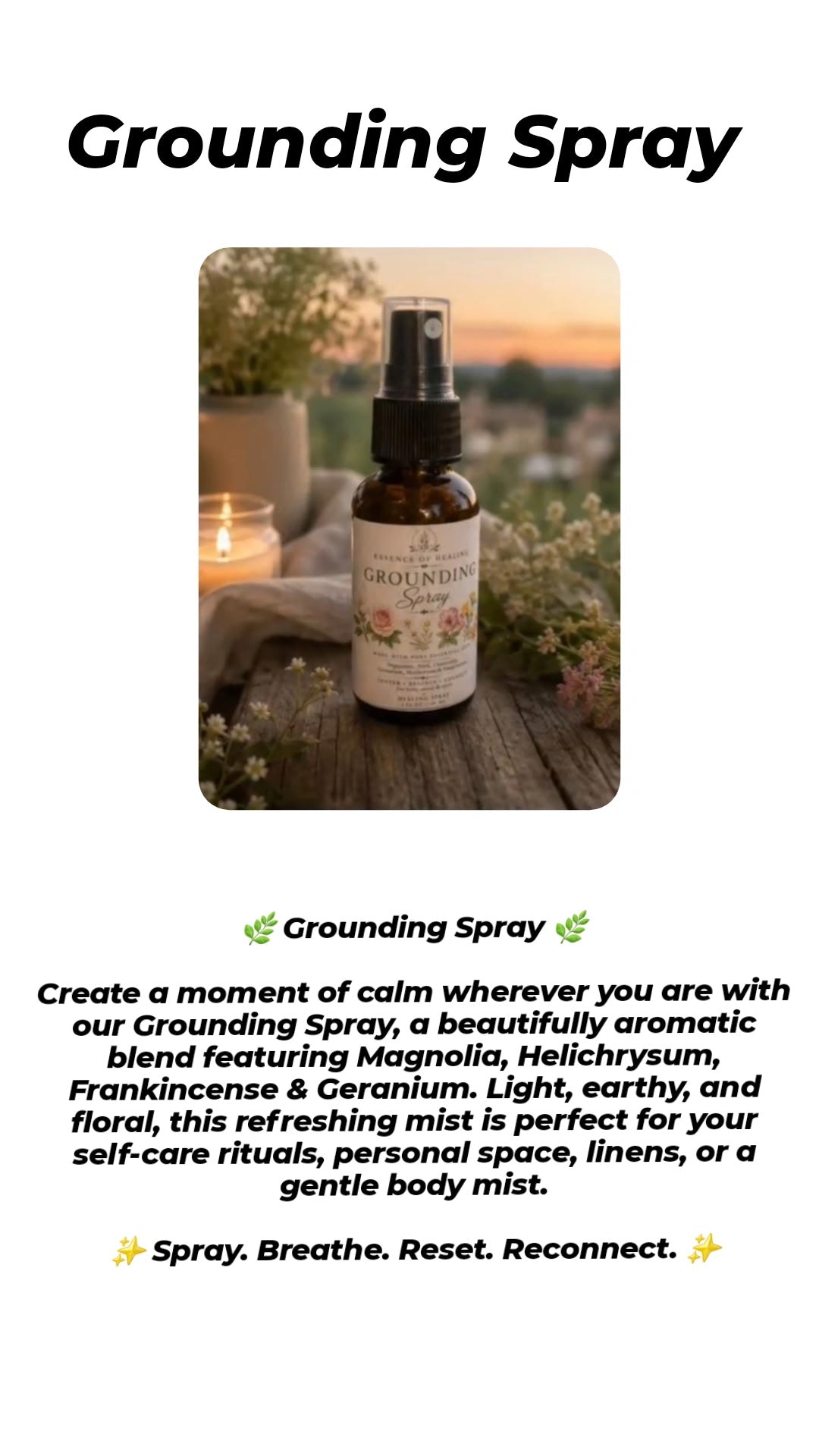 Grounding Spray promotional graphic with a centered product photo of an amber spray bottle on a wooden surface outdoors at sunset, plus descriptive text below on a white background.