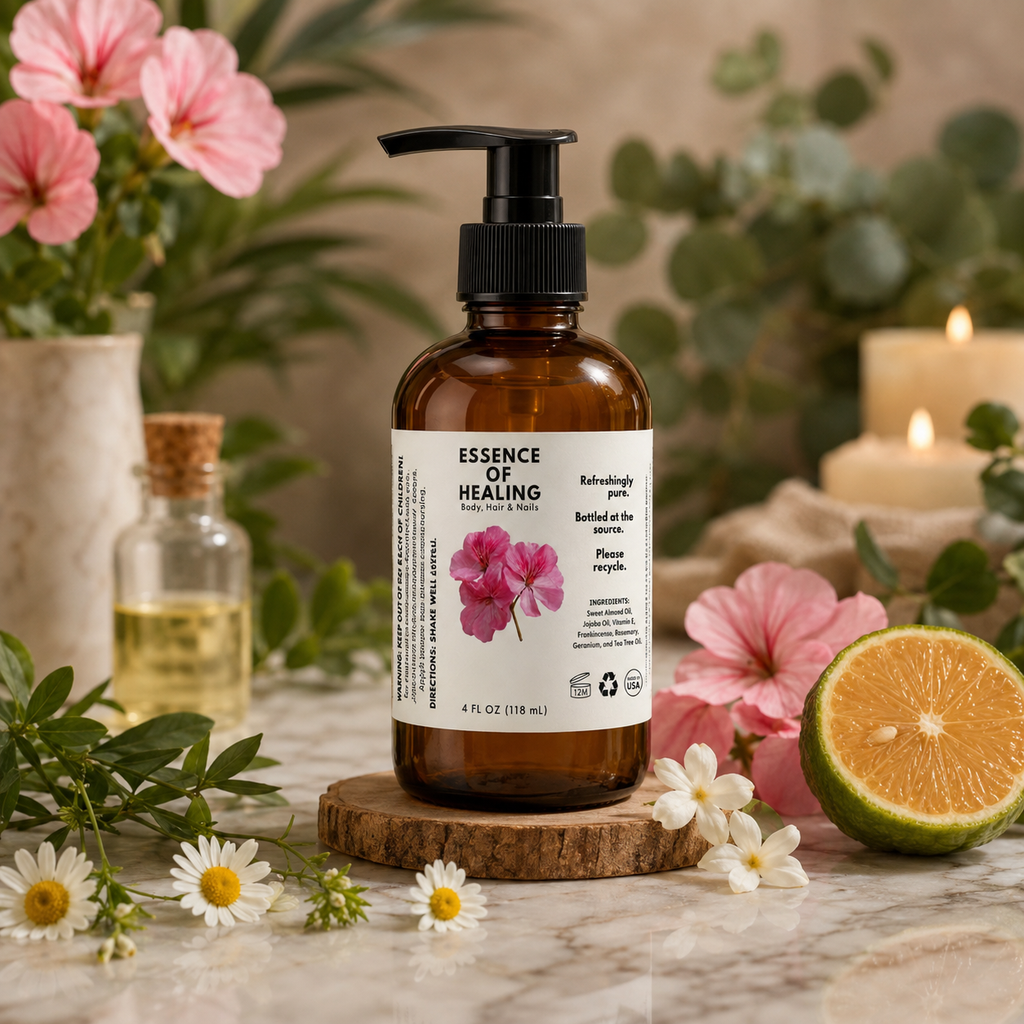 An amber glass pump bottle labeled 'ESSENCE OF HEALING Relaxing Aloe' sits on a marble surface surrounded by flowers, greenery, a small glass vial, and a sliced lime. The product is styled in a warm, natural spa-like setting with soft candlelight in the background.