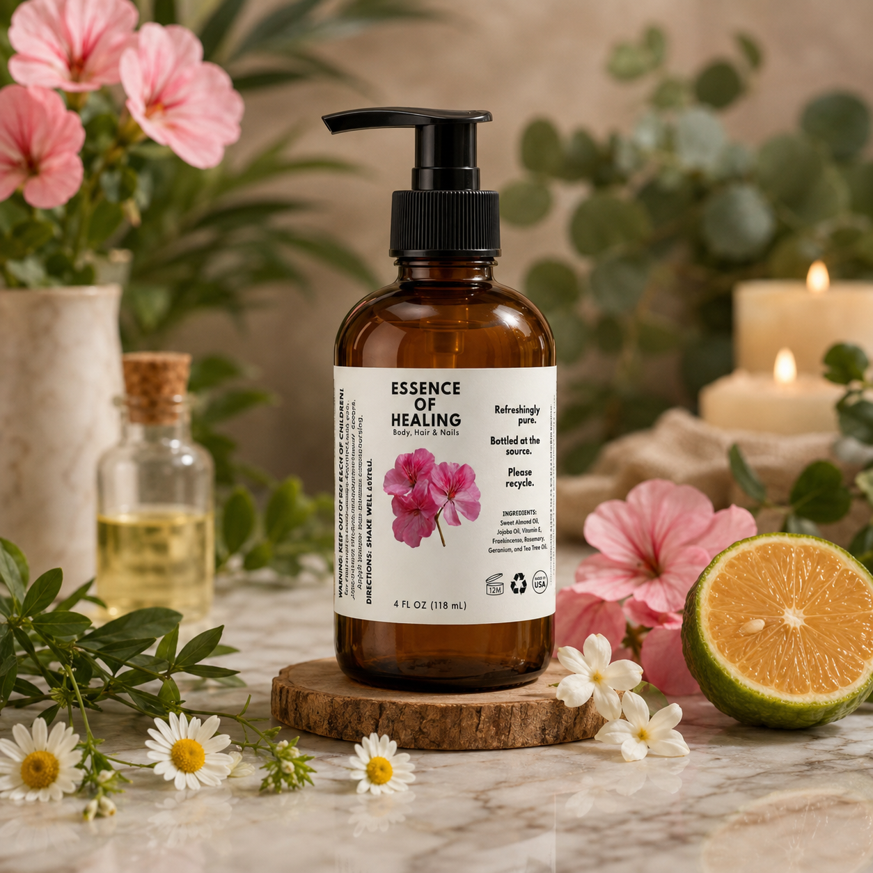 An amber glass pump bottle labeled 'ESSENCE OF HEALING Relaxing Aloe' sits on a marble surface surrounded by flowers, greenery, a small glass vial, and a sliced lime. The product is styled in a warm, natural spa-like setting with soft candlelight in the background.
