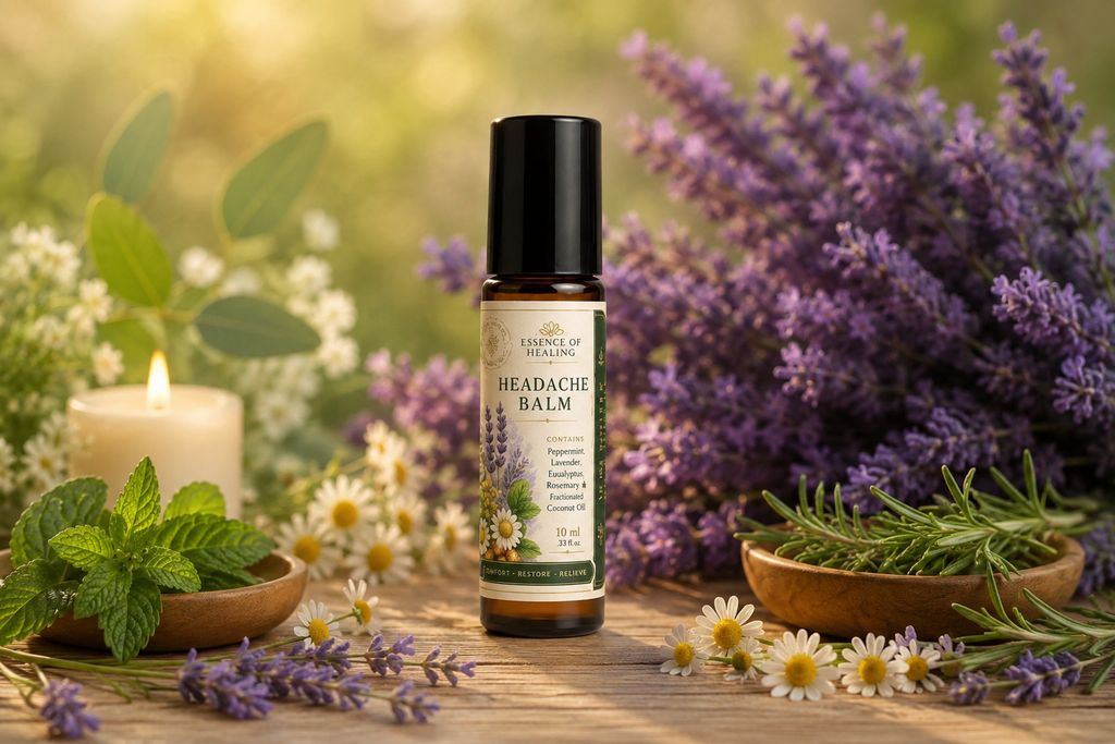 A bottle of Headache Balm by Essence of Healing is displayed on a rustic wooden table surrounded by lavender, rosemary, mint, chamomile flowers, and a lit candle, creating a calming herbal atmosphere.