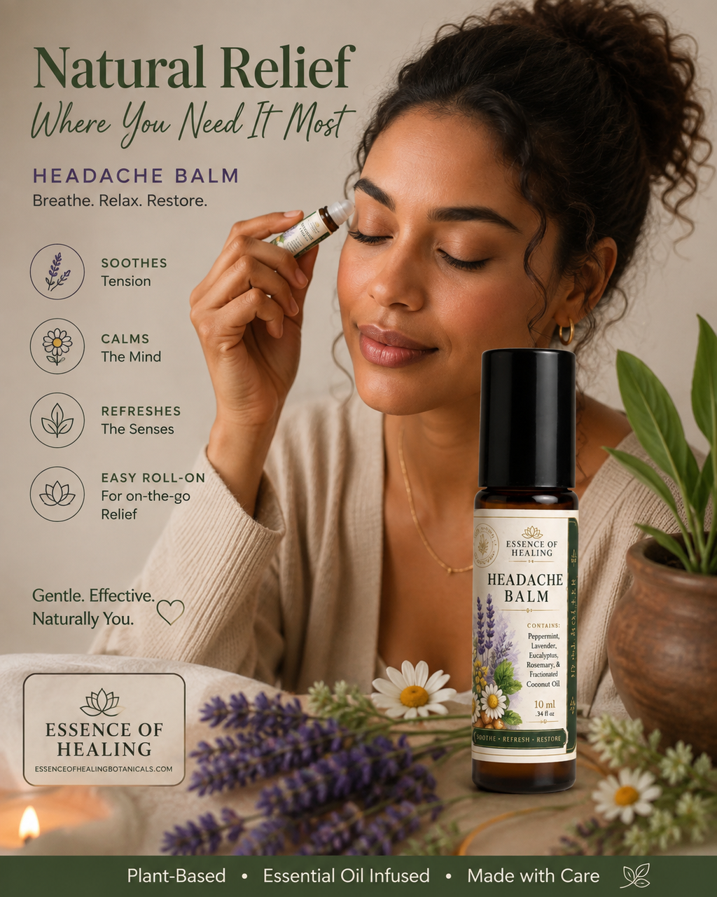 A woman applies a small rollerball headache balm to her temple in a warm, styled setting. The product bottle labeled 'Essence of Healing Headache Balm' stands beside her, with lavender flowers, a candle, and text overlays describing the relief benefits.