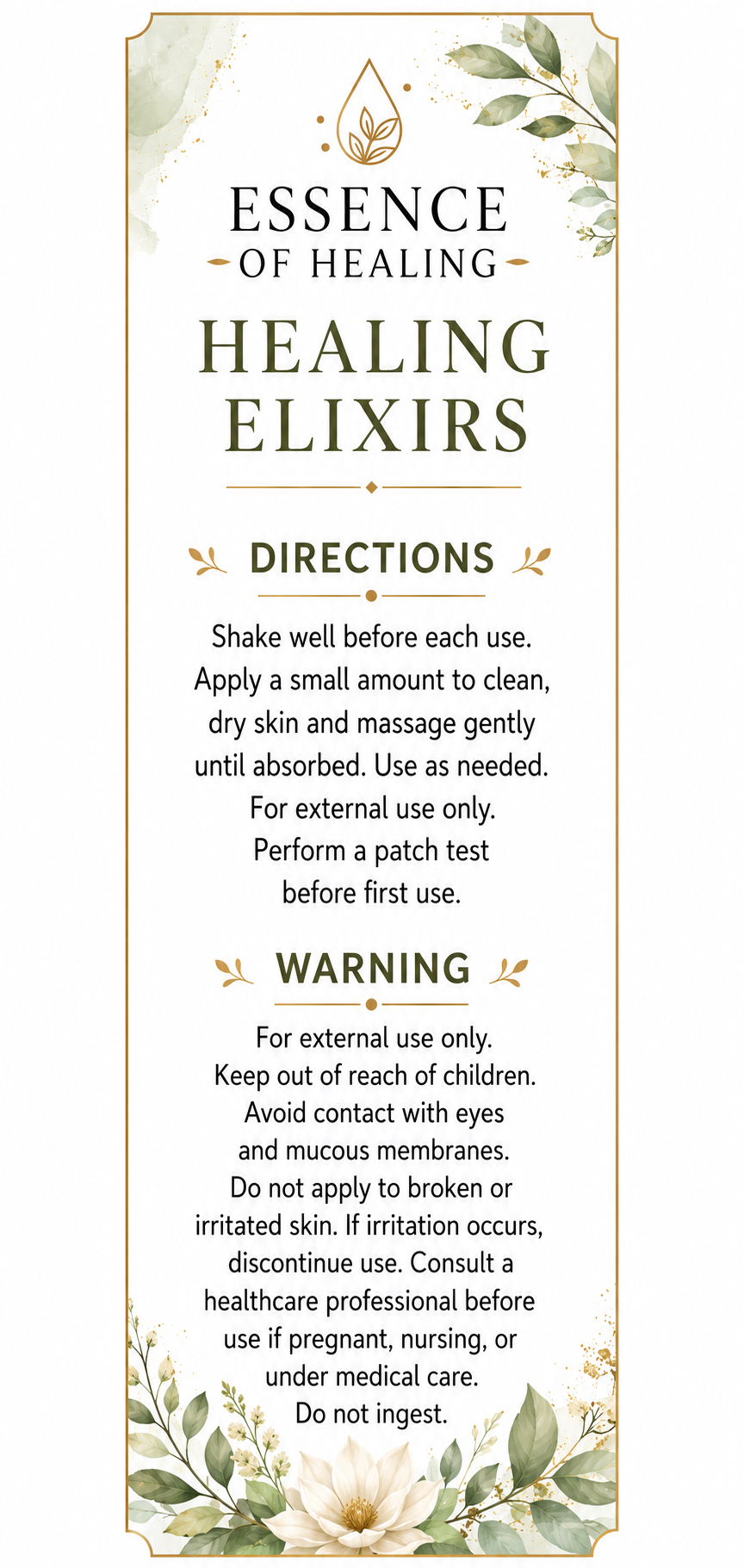A vertical printed card or label with the text 'ESSENCE OF HEALING HEALING ELIXIRS' and usage directions, framed by botanical illustrations in soft green and beige tones on a white background.