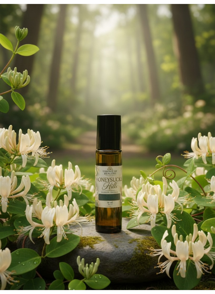 A small amber glass bottle with a black cap and a cream label reading HoneysuckleHills Botanical Oils stands on a mossy stone surrounded by white honeysuckle flowers and green leaves, with a blurred forest background.