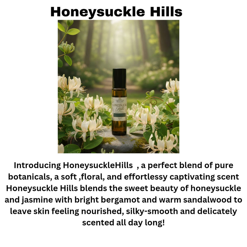 Bottle of Honeysuckle Hills product in a forest setting with honeysuckle flowers.
