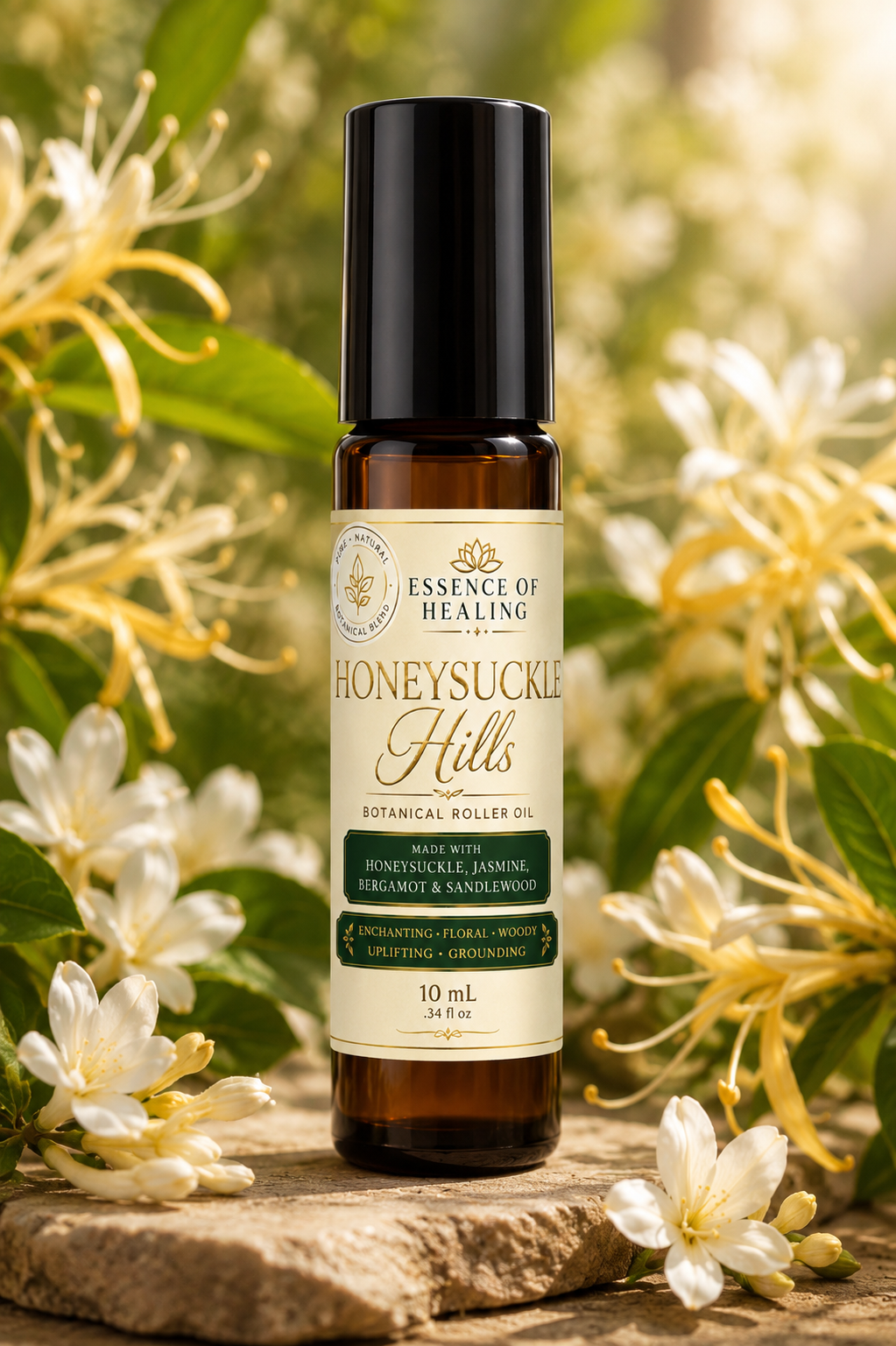 Bottle of Honeysuckle Hills botanical roller oil with flowers in the background