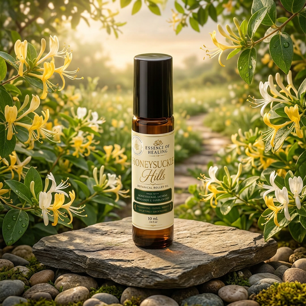 Bottle of 'Essence of Healing' Honeysuckle Hills on a stone surface with flowering plants in the background