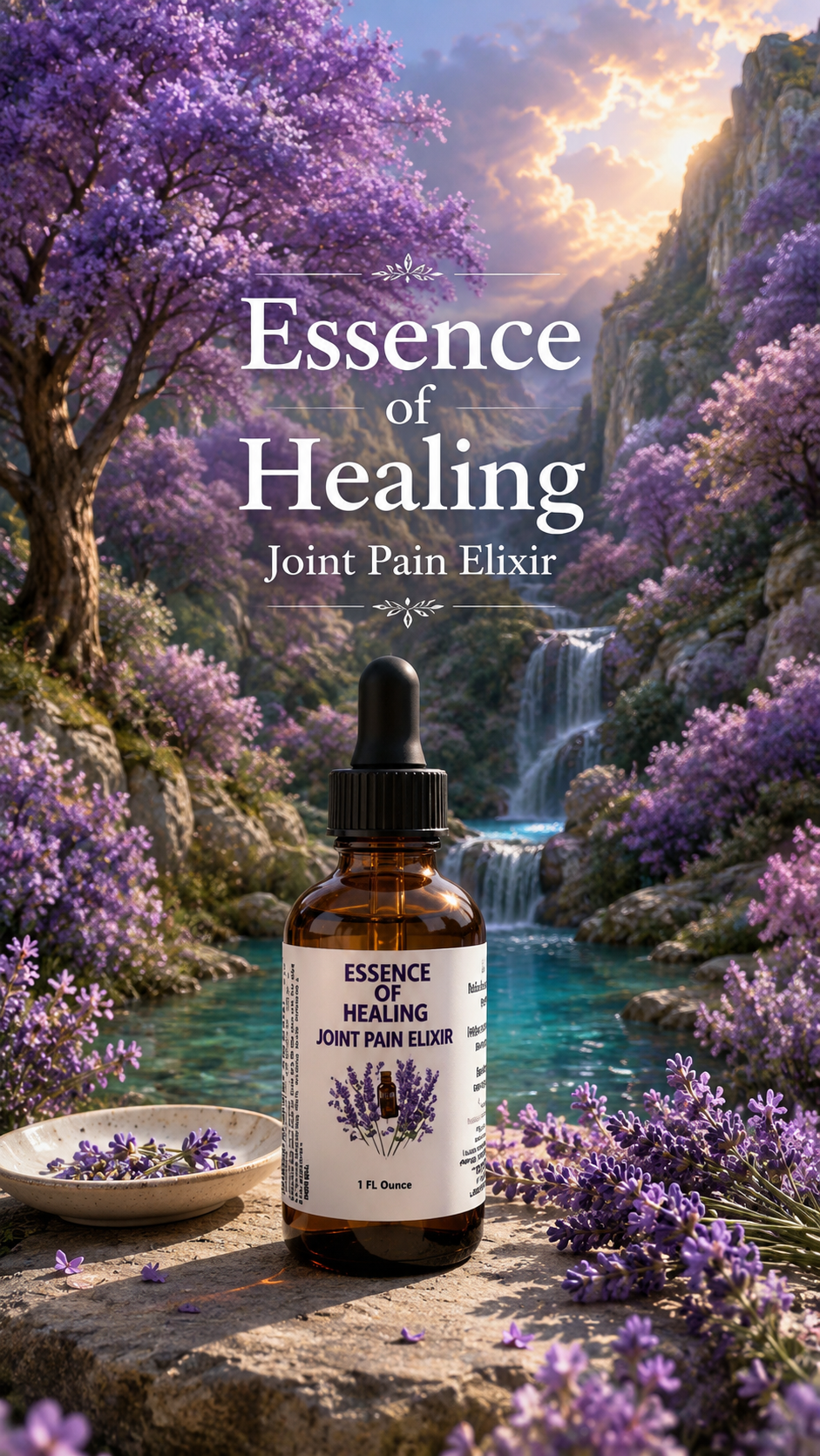 Bottle of 'Essence of Healing Joint Pain Elixir' with a scenic background of purple flowers and a waterfall.