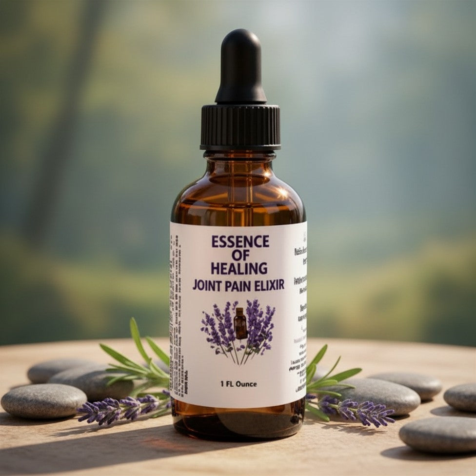 Bottle of 'Essence of Healing Joint Pain Elixir' with lavender flowers on a natural background with healing stones 