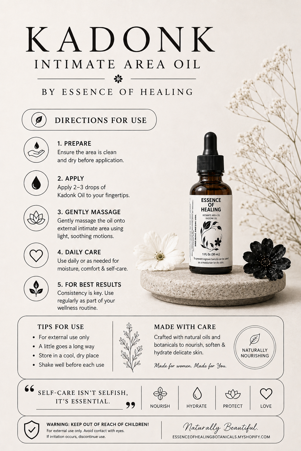 Kadonk Oil by Essence of Healing Instruction sheet 