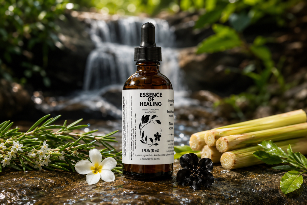 A bottle of Kadonk Oil (Intimate area oil) on a beautiful botanical display with a waterfall in the background 