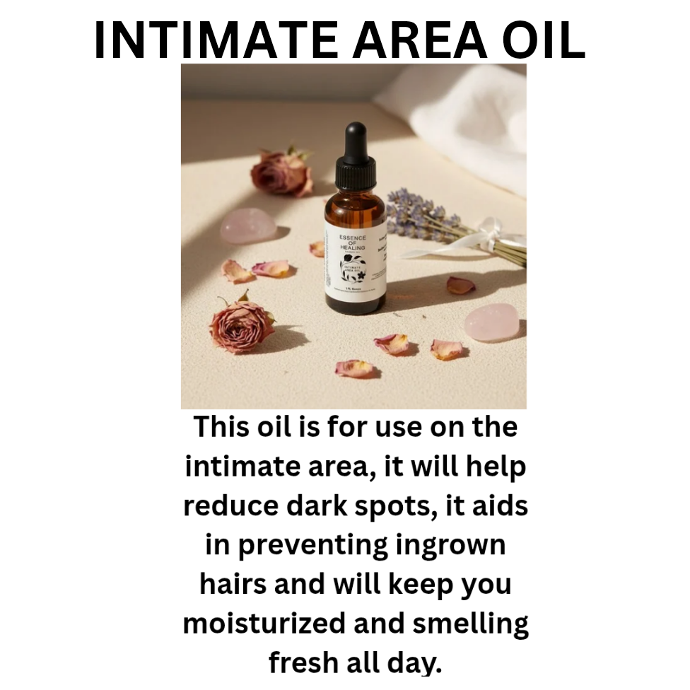 Bottle of intimate area oil with text on a light background