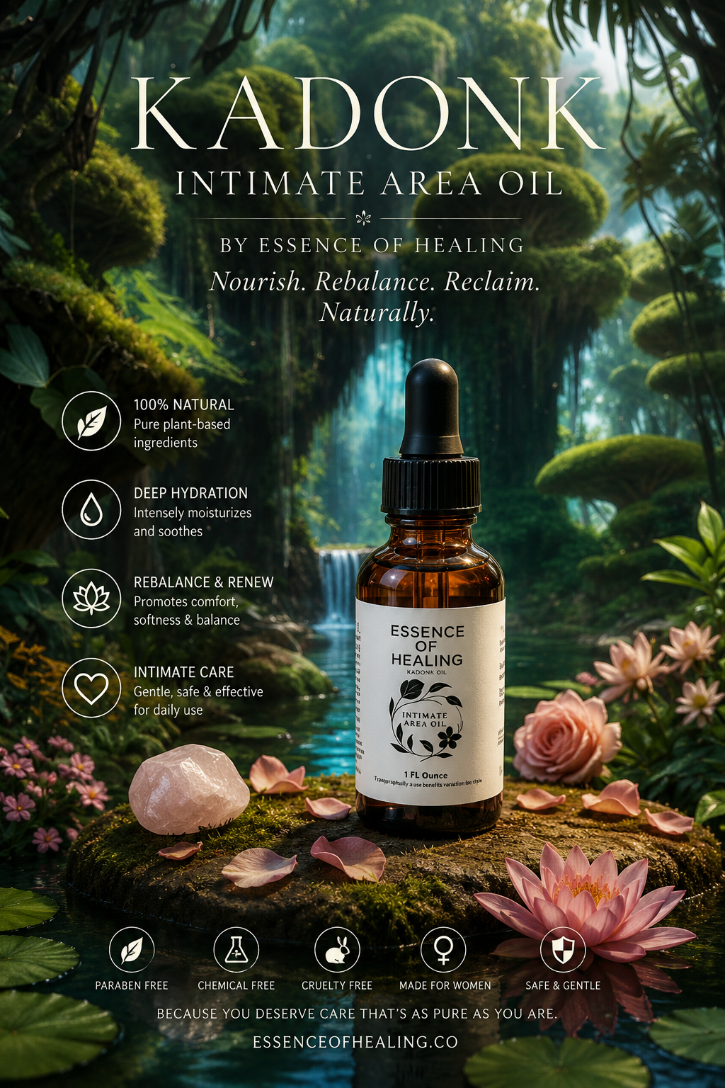 Kadonk intimate area oil bottle with nature-themed background