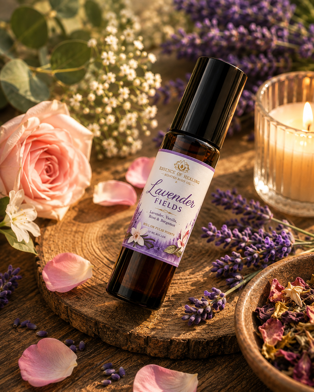 A bottle of Nature's Health Lavender Fields essential oil rollerball bottle styled on a rustic wooden board with a pink rose, lavender sprigs, scattered petals, and a lit candle in the background.