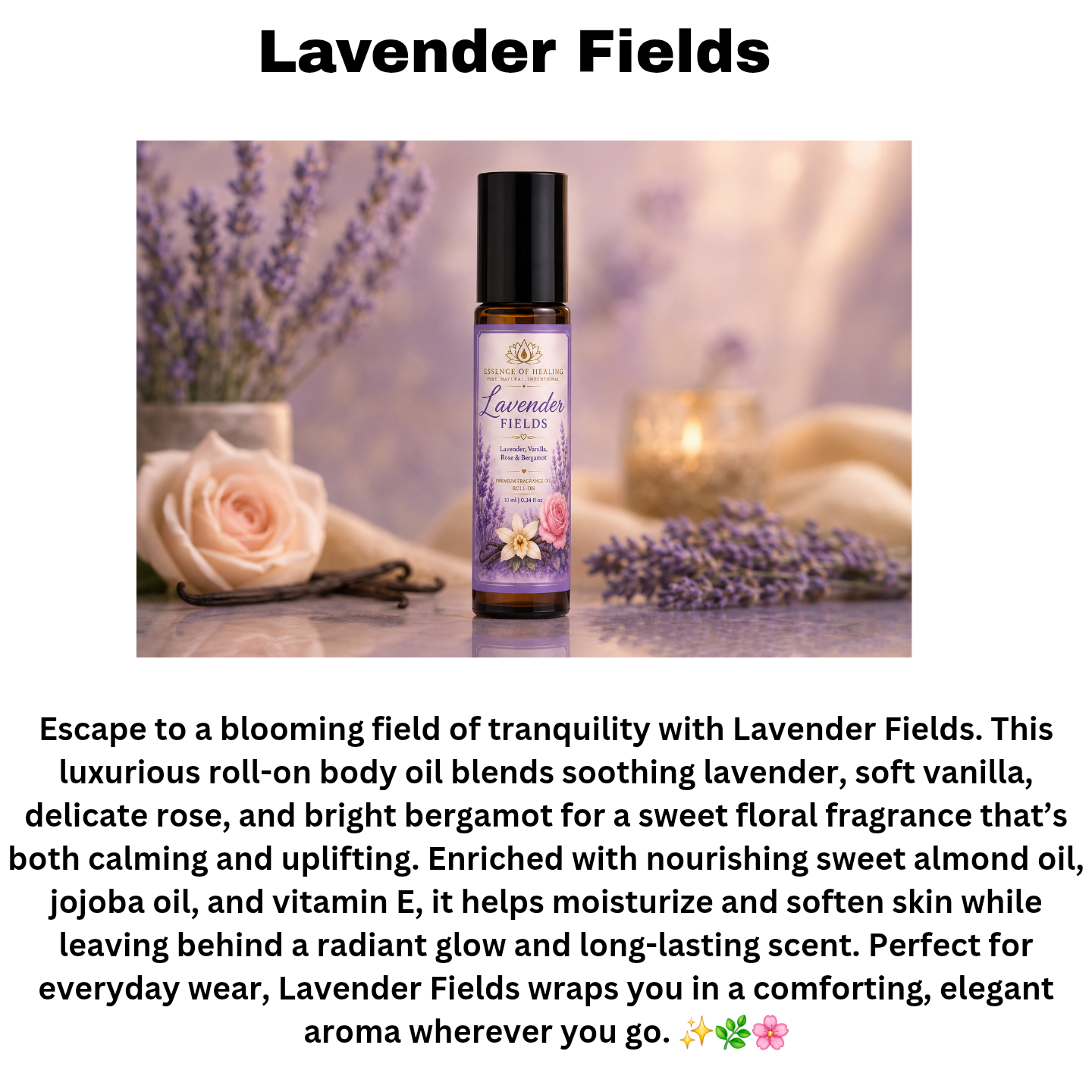 Lavender Fields roll-on body oil with lavender and rose elements on a blurred background