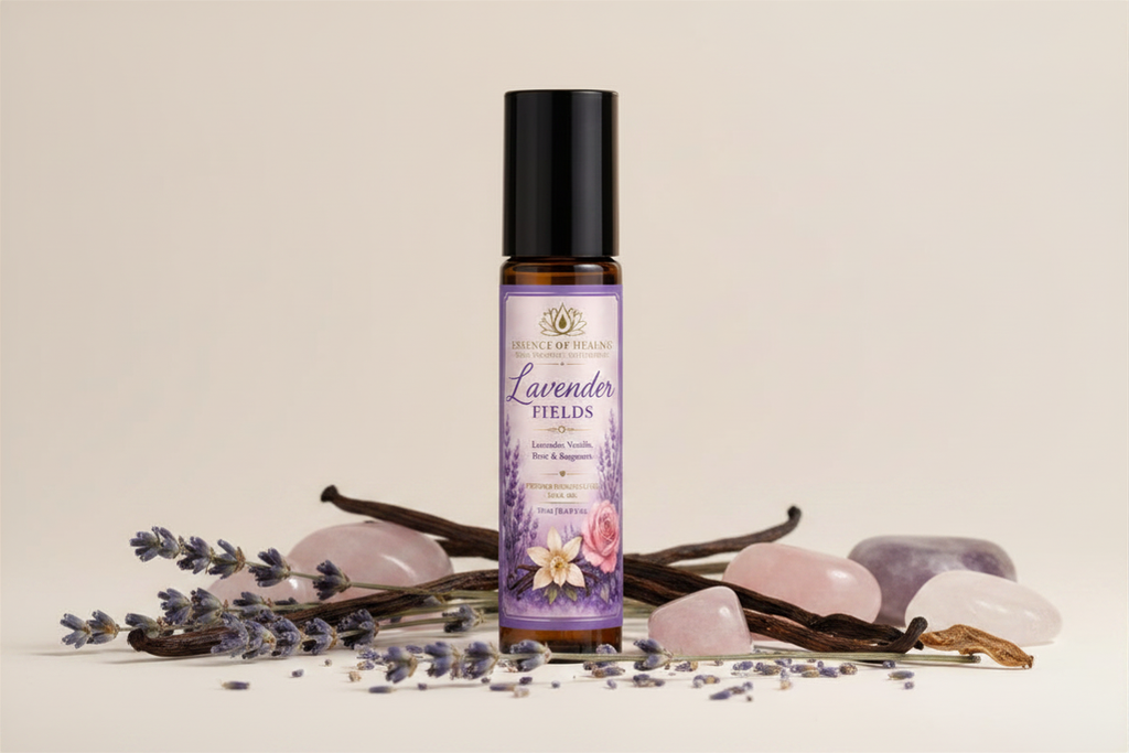 Lavender Fields roller bottle with lavender flowers, vanilla beans, and crystals on a beige background
