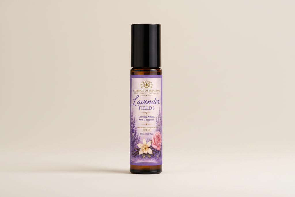 Roll-on bottle of Lavender Fields essential oil on a beige background