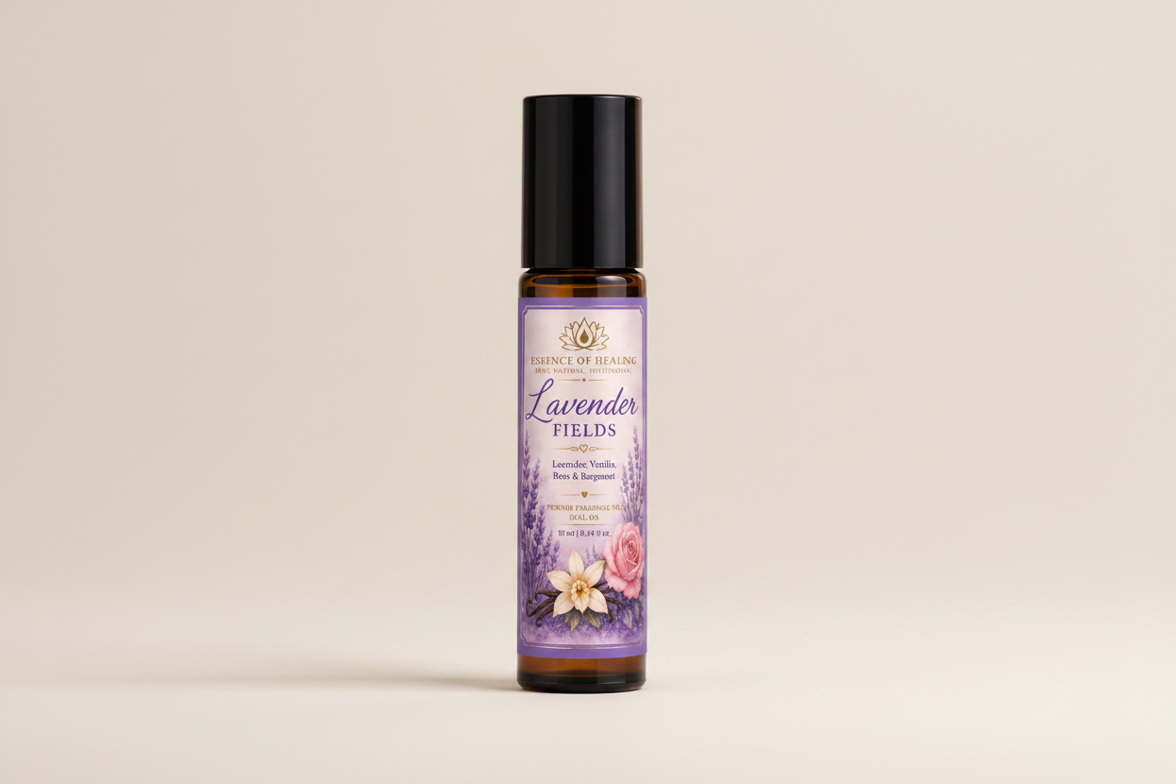 Roll-on bottle of Lavender Fields essential oil on a beige background