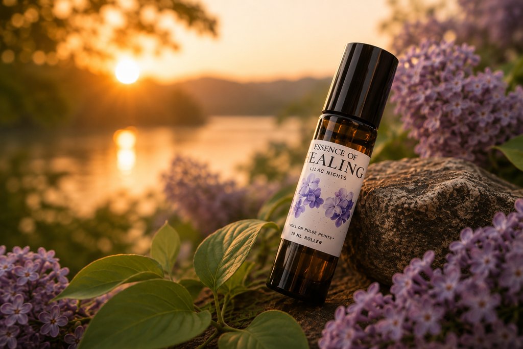 A bottle of 'Essence of Healing' Lilac Nights calming scents rollerball oil placed on a rock surrounded by purple flowers, with a warm sunset over water in the background.