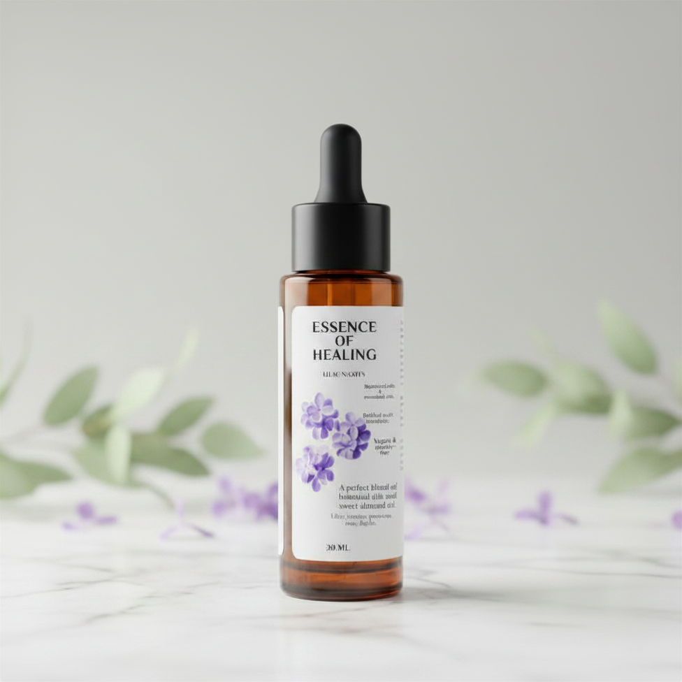 Bottle of 'Essence of Healing' with a dropper on a light background with greenery. Lilac Nights scented body drops 