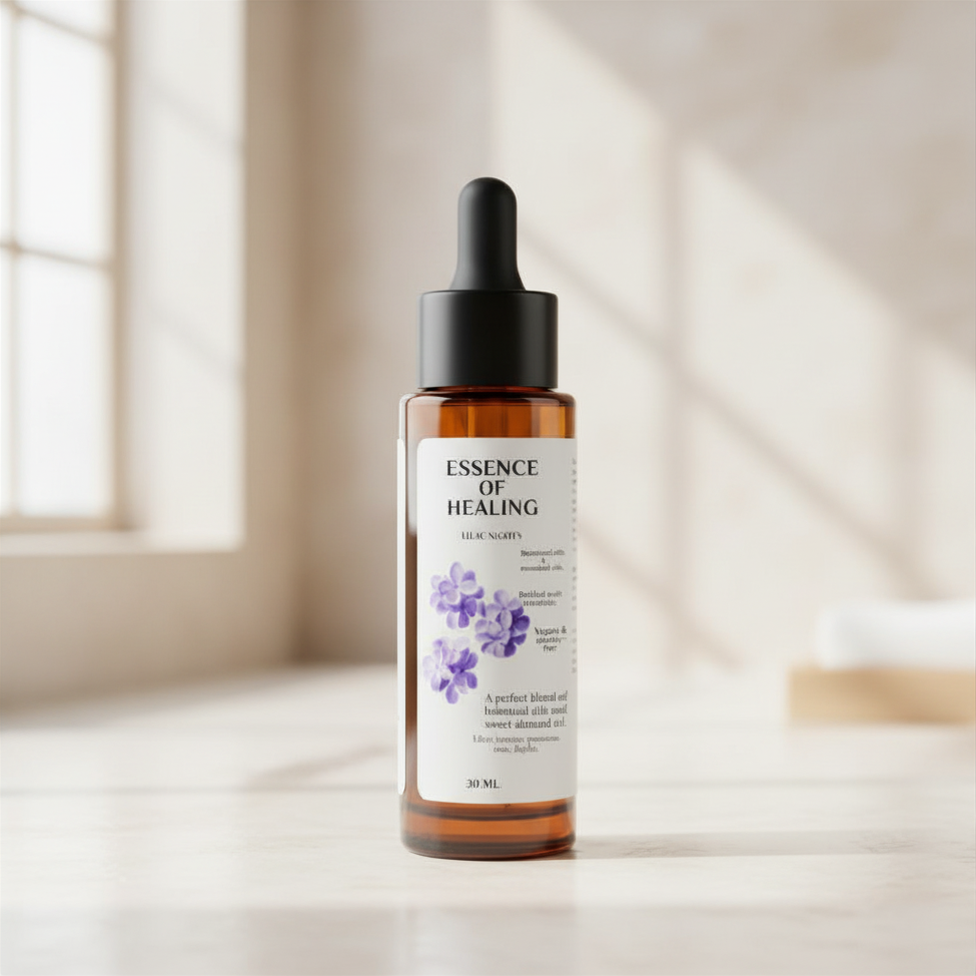 Bottle of 'Essence of Healing' Lilac Nights scented body drops on a light surface with a neutral background