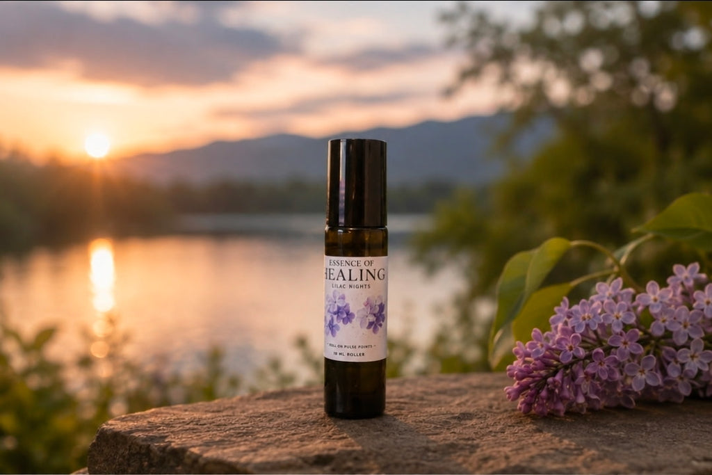 A small bottle of 'Essence of Healing' Lilac Nights body oil stands on a stone surface outdoors, with a sunset over water in the background and purple lavender flowers on the right.