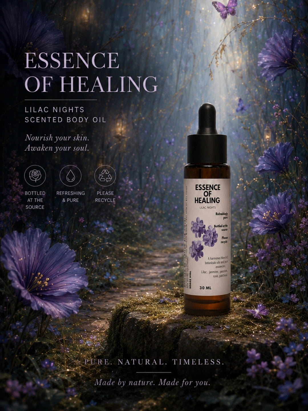 Bottle of 'Essence of Healing' scented body oil with a mystical background featuring purple flowers. Lilac Nights. 