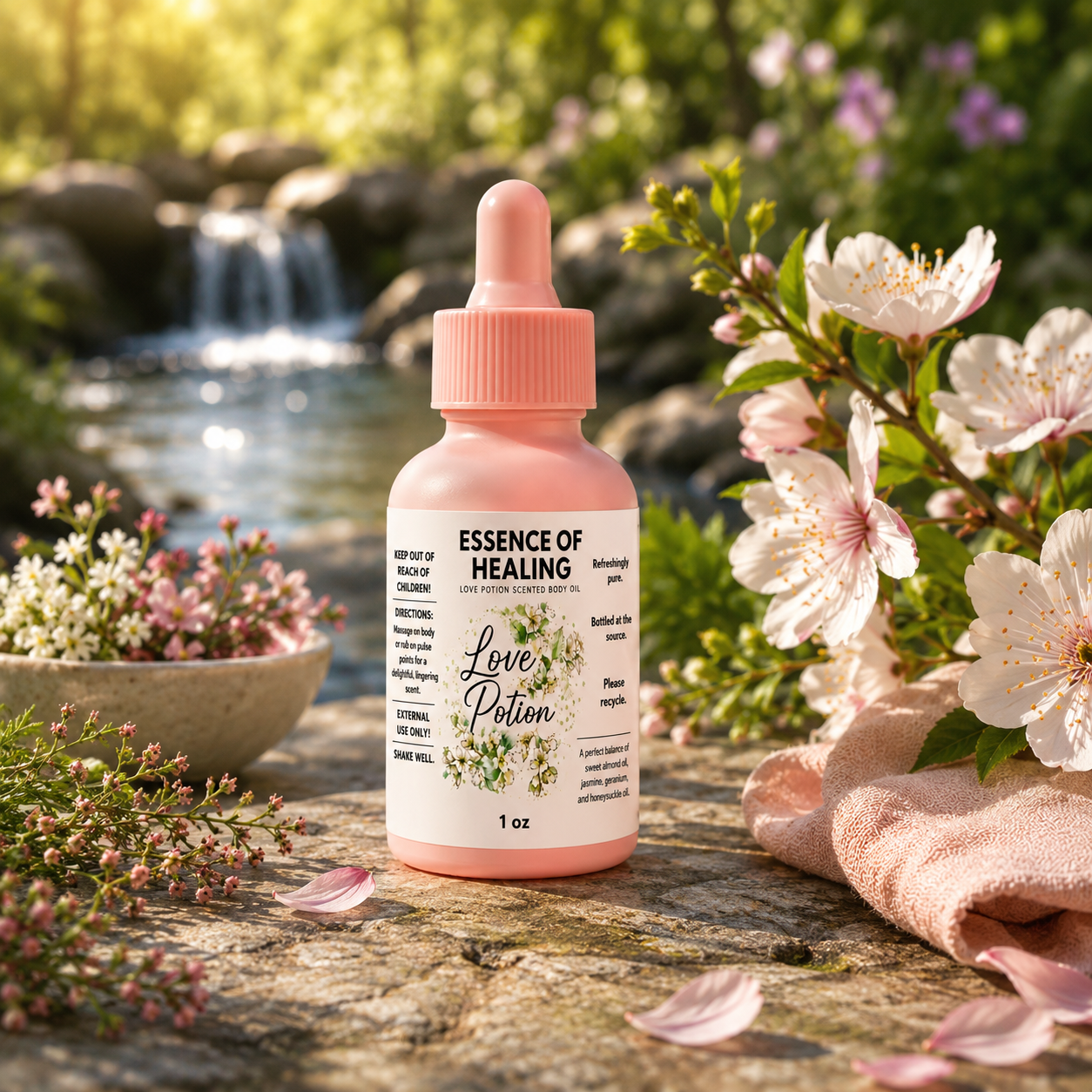 A pink dropper bottle labeled 'ESSENCE OF HEALING Love Potion' sits on a stone surface outdoors, surrounded by flowers, petals, and a blurred waterfall background.