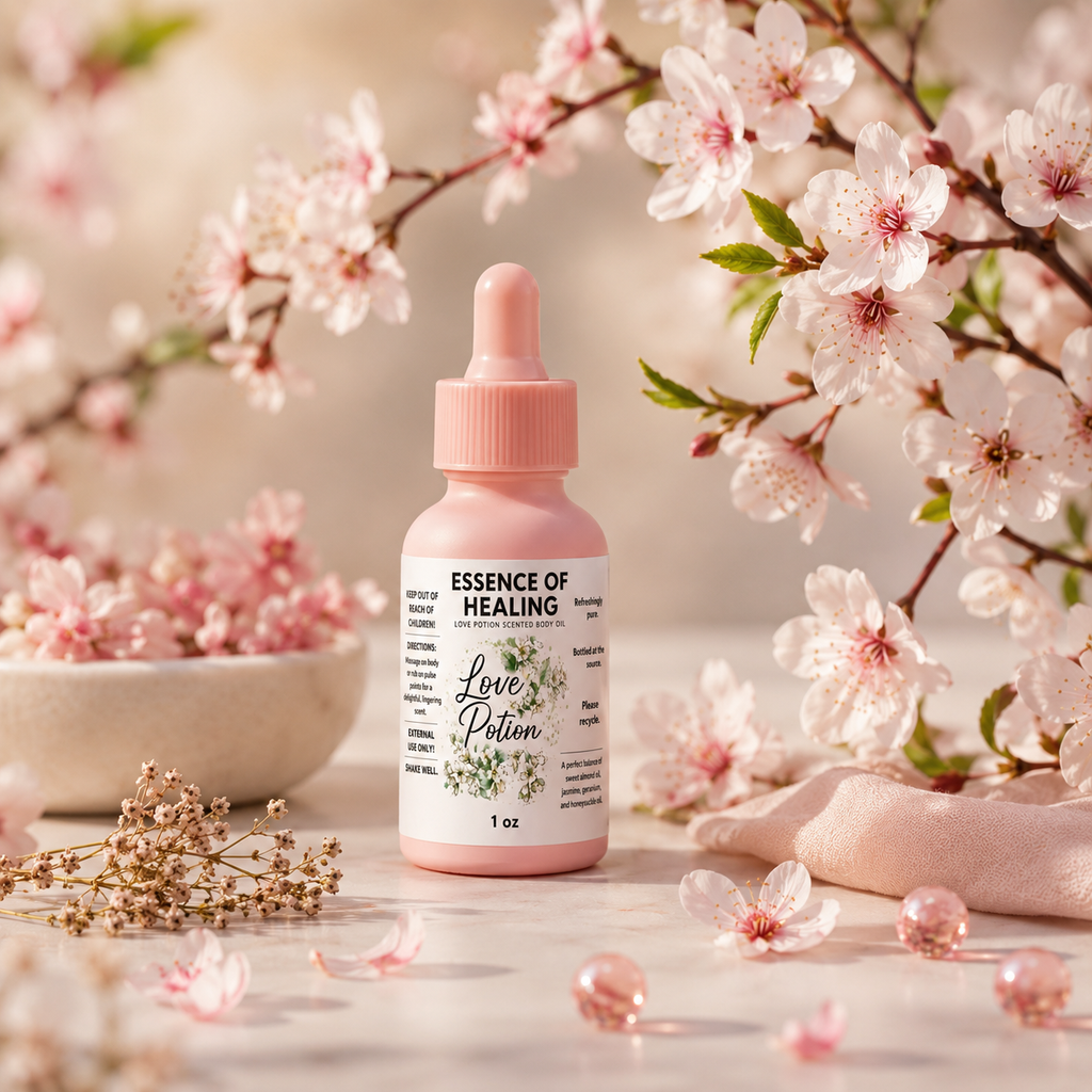 A pink dropper bottle labeled 'ESSENCE OF HEALING Love Potion' sits on a light surface surrounded by pink cherry blossoms, petals, and soft floral props in a warm, softly lit setting.