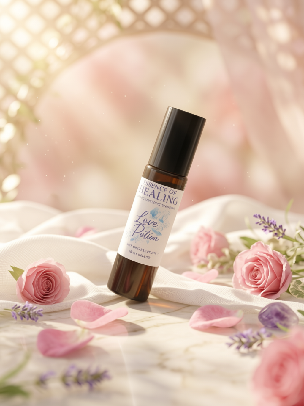 A roll-on bottle of 'Love Potion' by Essence of Healing is displayed on a marble surface surrounded by pink roses, lavender, and soft pink fabric under warm, glowing light.