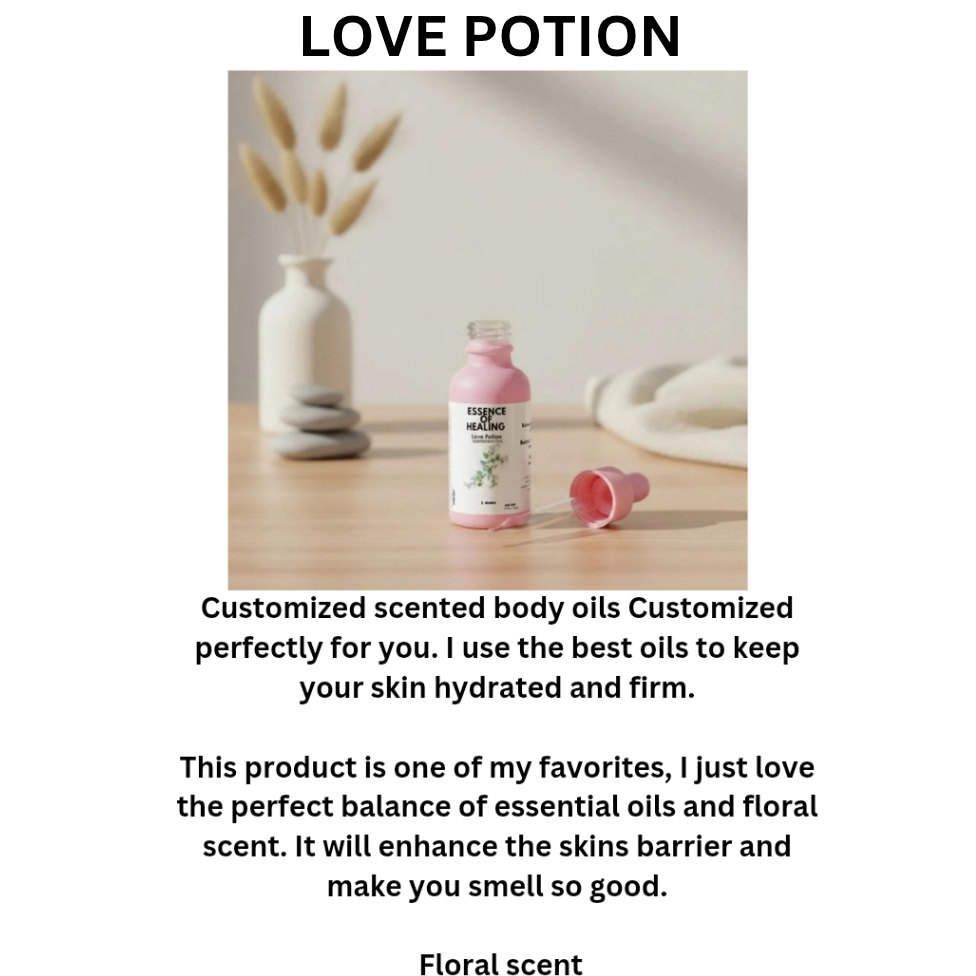 Product image of a pink bottle labeled 'LOVE POTION' on a wooden surface with text about customized scented body oils.