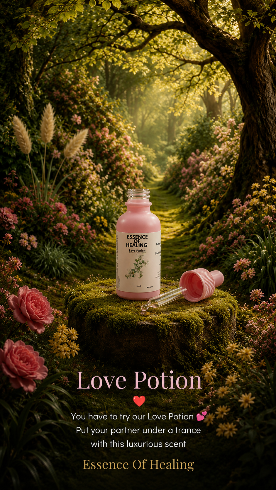 Pink bottle labeled 'Love Potion' in a fantasy garden setting with flowers and trees.