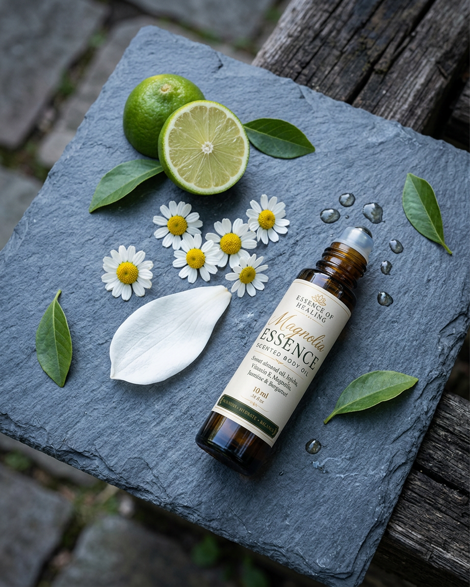 A bottle of Essence of Nature Magnetic Essence Rollerball oil lies on a slate tray, surrounded by fresh green limes, white daisies, green leaves, and a white petal on a rustic wooden surface.