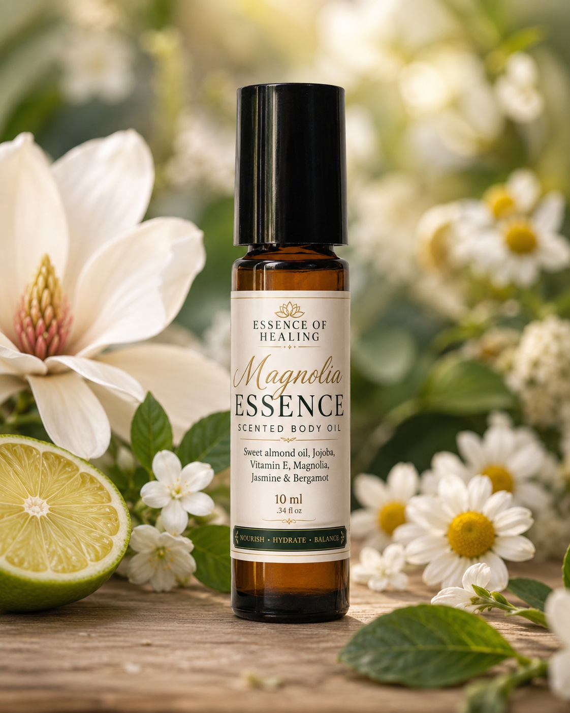 A 10 ml bottle of Essence of Healing Magnolia Essence Scented Body Oil stands on a rustic wooden surface surrounded by blooming white magnolia flowers, chamomile flowers, green leaves, and a sliced lime, with a soft-focus garden background.