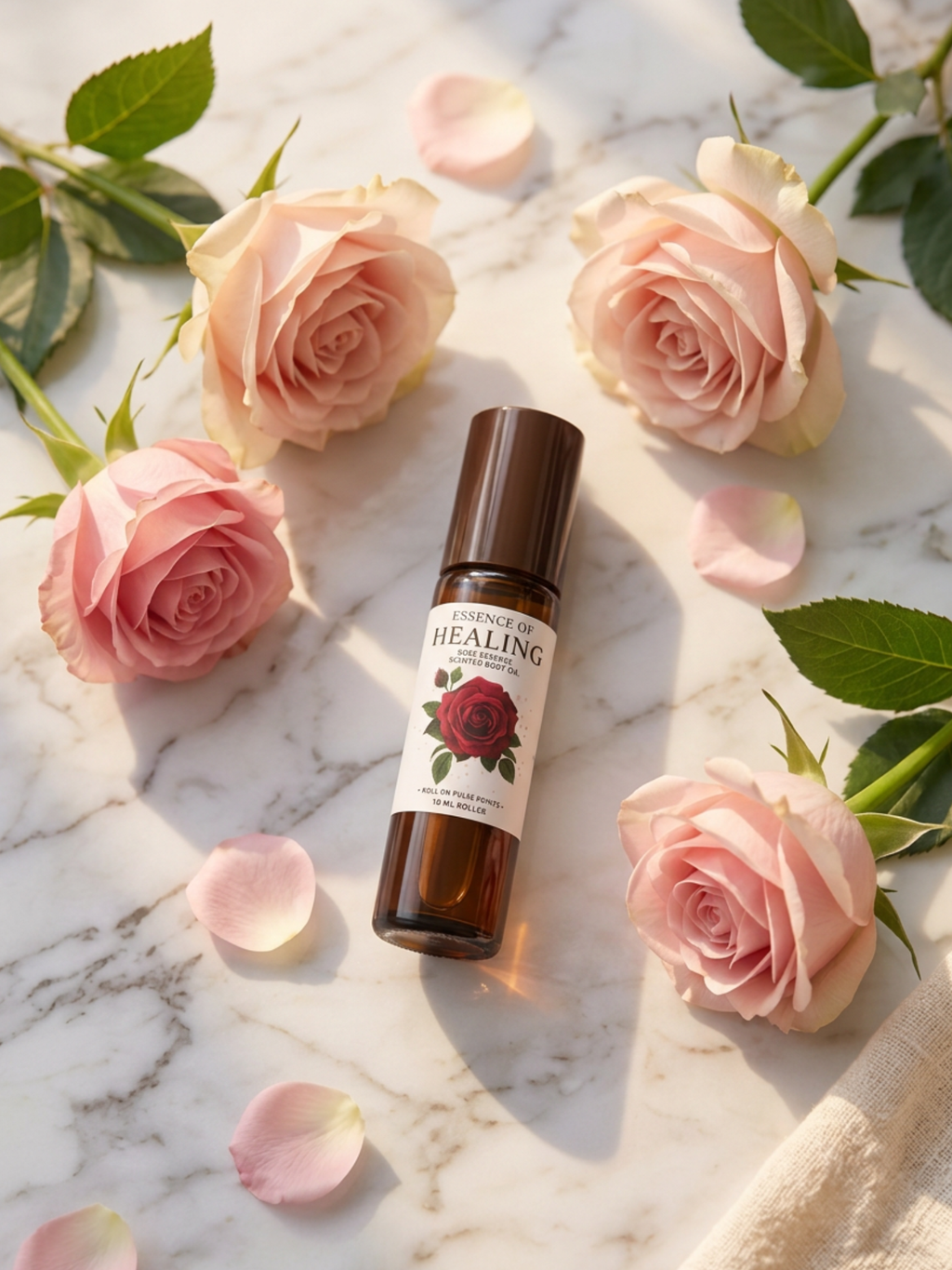 A small amber roller bottle labeled 'Rose Healing' with a rose illustration, placed on a white marble surface surrounded by pink roses, petals, and green leaves.