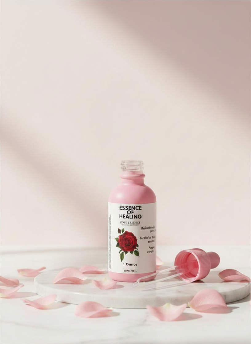 Bottle of 'Essence of Healing' Rose Essence Scented Body Oil Drops with a rose design on a light background with pink petals.