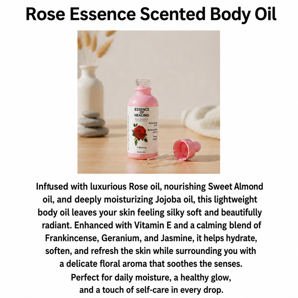 Rose Essence Scented Body Oil bottle on a wooden surface with text describing the product.