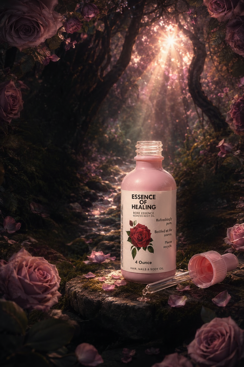 Bottle of 'Essence of Healing' Rose essence body oil with a mystical forest background