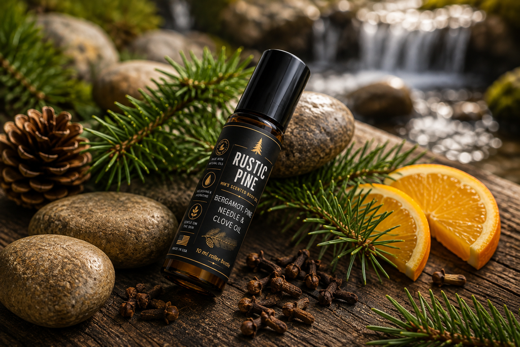 A bottle of Rustic Pine Bergamot Pine Needle Clove Oil is displayed on a rustic wooden surface surrounded by pine needles, a pinecone, cloves, orange slices, and stones, with a blurred waterfall background.