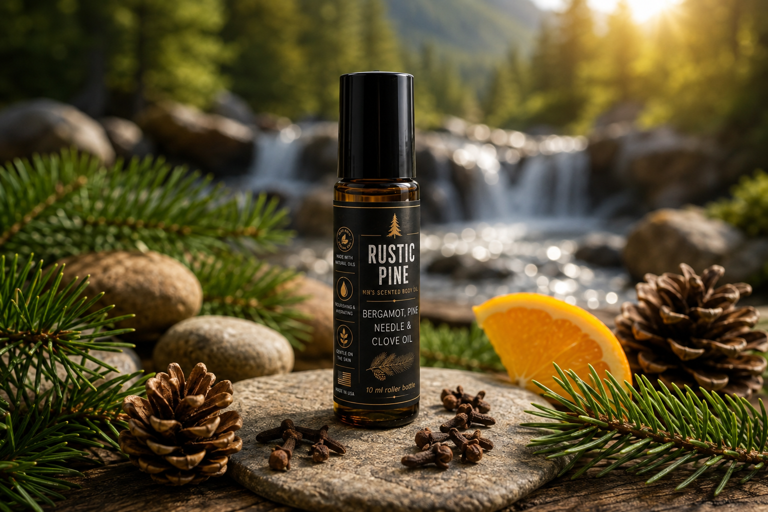 A bottle of Rustic Pine Bergamot & Needle & Clove Oil stands on a stone slab outdoors, surrounded by pine needles, pinecones, cloves, and a slice of orange, with a blurred waterfall and forest in the background.